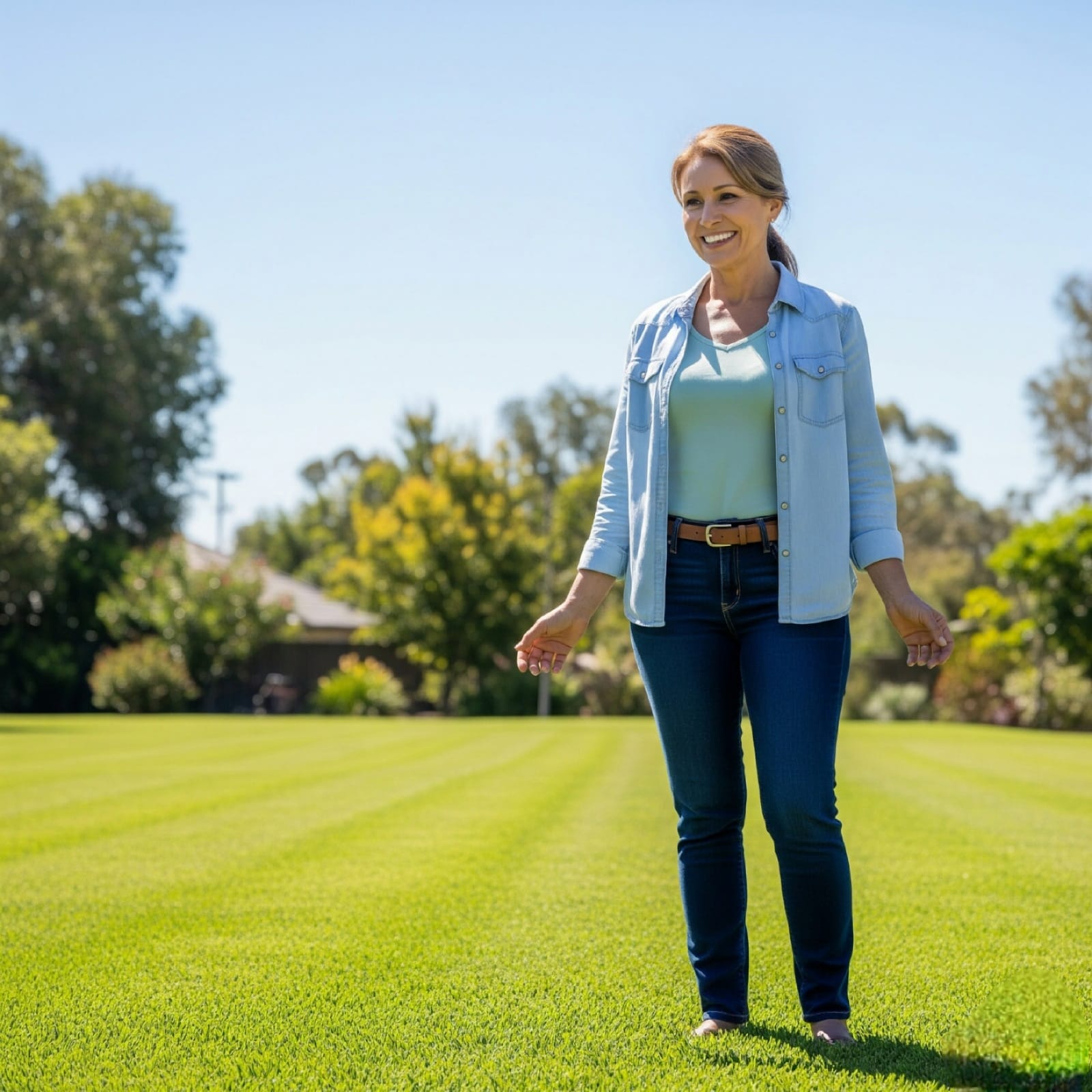 Well-maintained lawn with happy homeowner