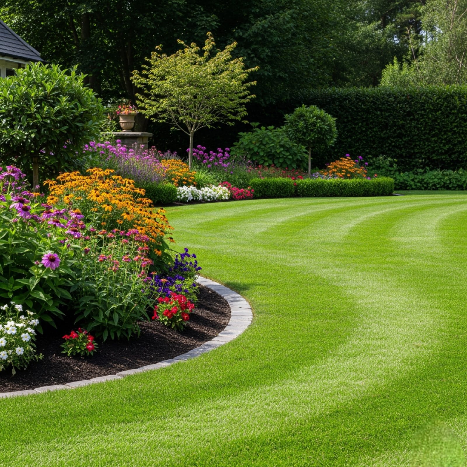 Lush, green lawn and well-maintained garden